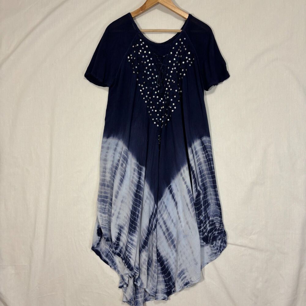 Navy Tie-Dye Midi Dress with Embellished Neckline - Picture 10 of 11